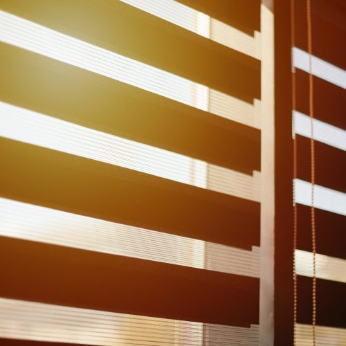 Office blinds. Sunlight through modern fabric blinds. Office meeting room lighting range control.
