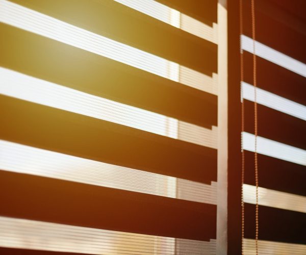 Office blinds. Sunlight through modern fabric blinds. Office meeting room lighting range control.